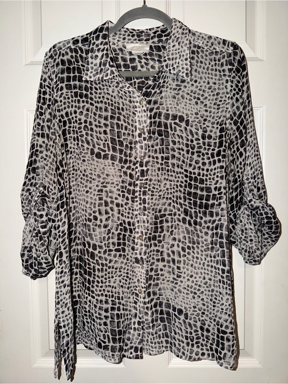 Soft Surroundings Black and White Animal-Print 100% Silk Blouse